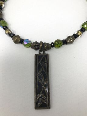 CHICO'S Pendant Necklace Asian Style Bamboo Black Dark Bronze Blue Green Beads